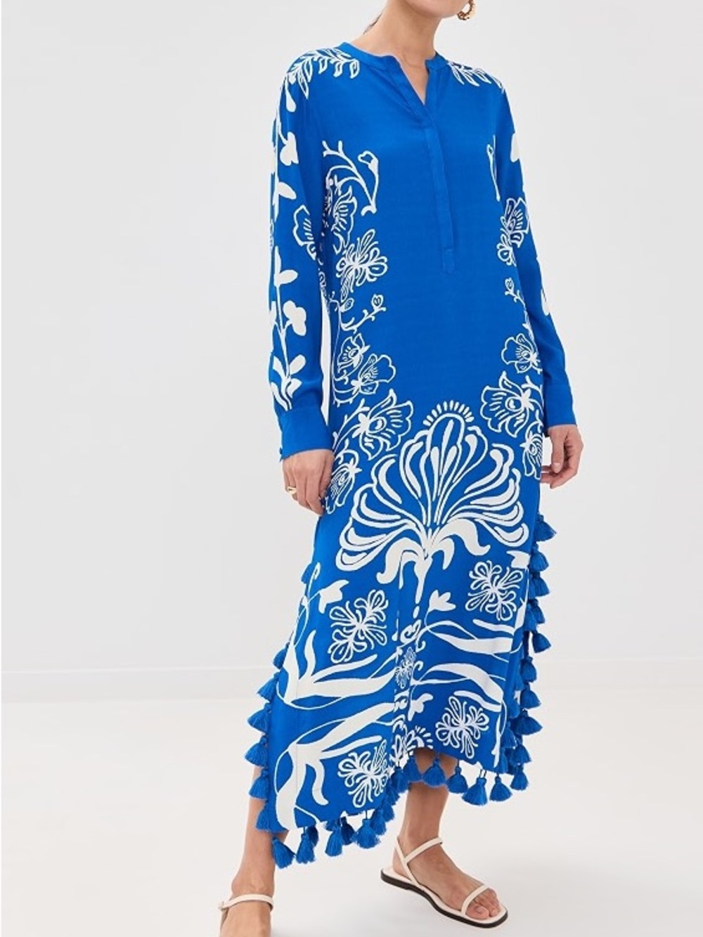FIGUE 
Paolina Caftan Blue & White Embroidered Midi Dress with Tassel Trim